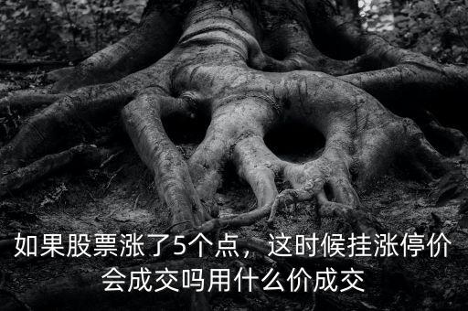 如果股票漲了5個點，這時候掛漲停價會成交嗎用什么價成交